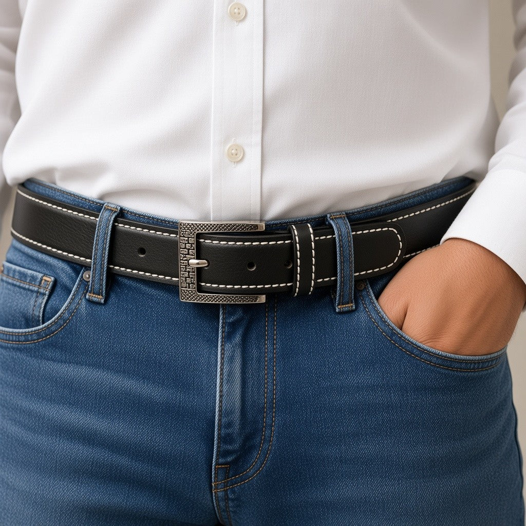Man wearing a black leather belt with jeans