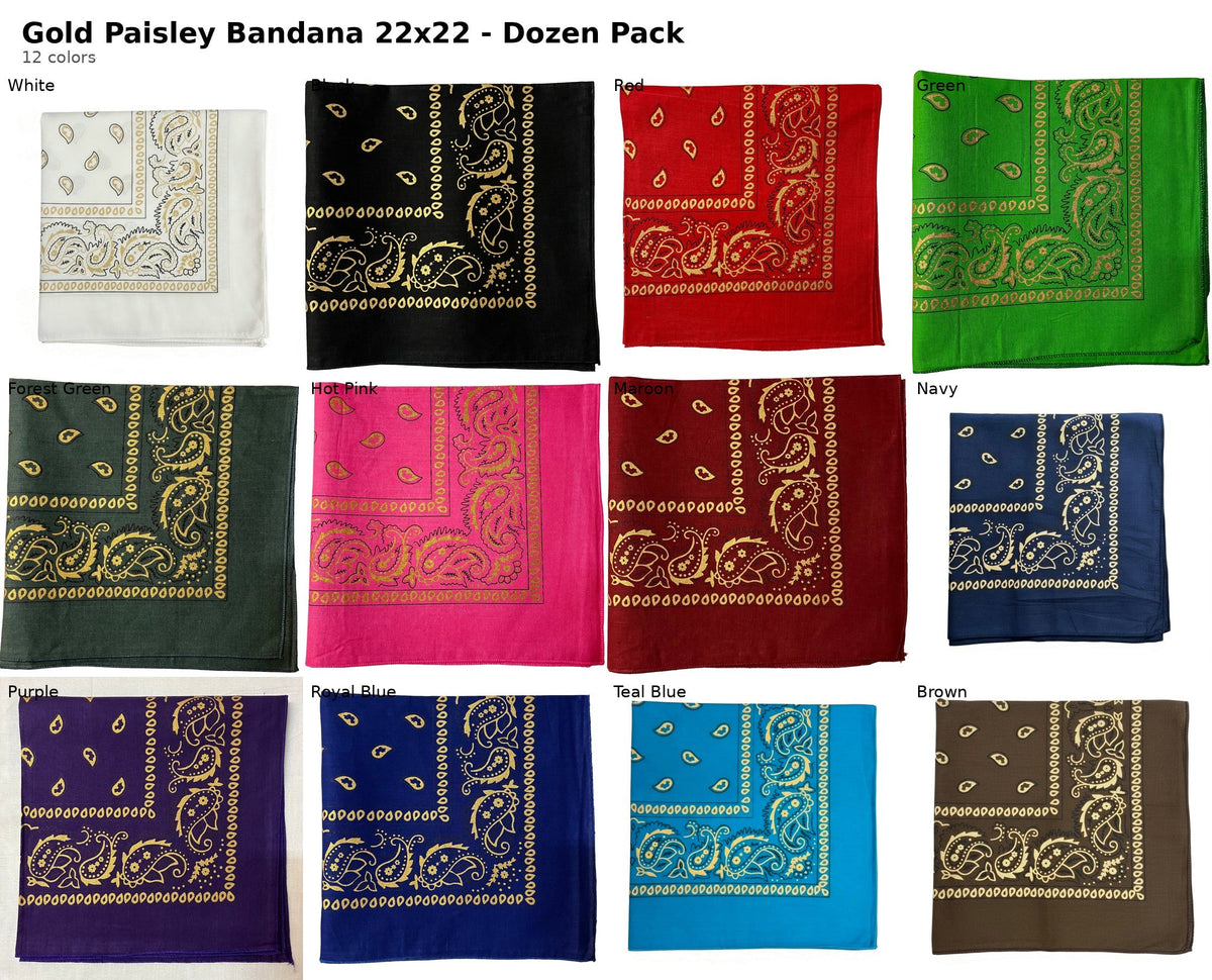 Gold paisley bandana 22x22 dozen pack - all 12 colors