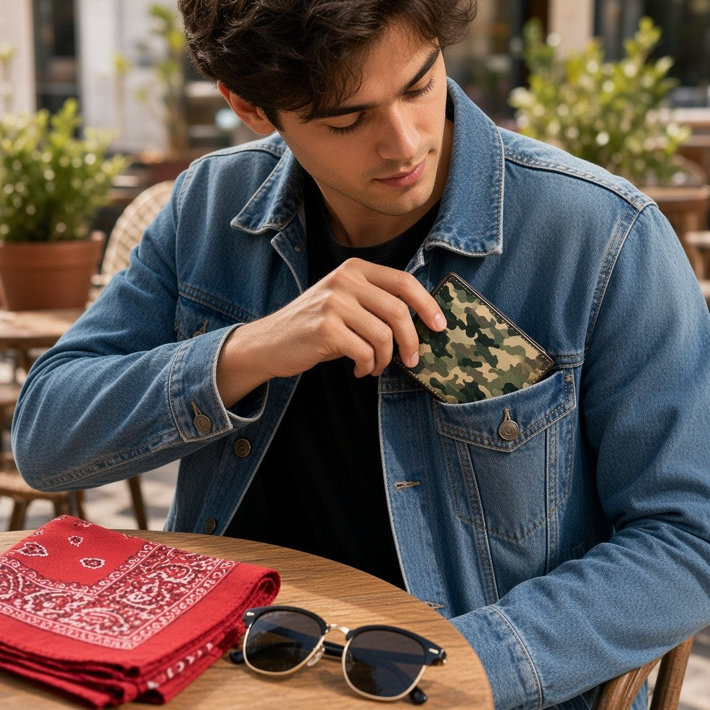 Man putting a camo printed wallet in his jacket pocket